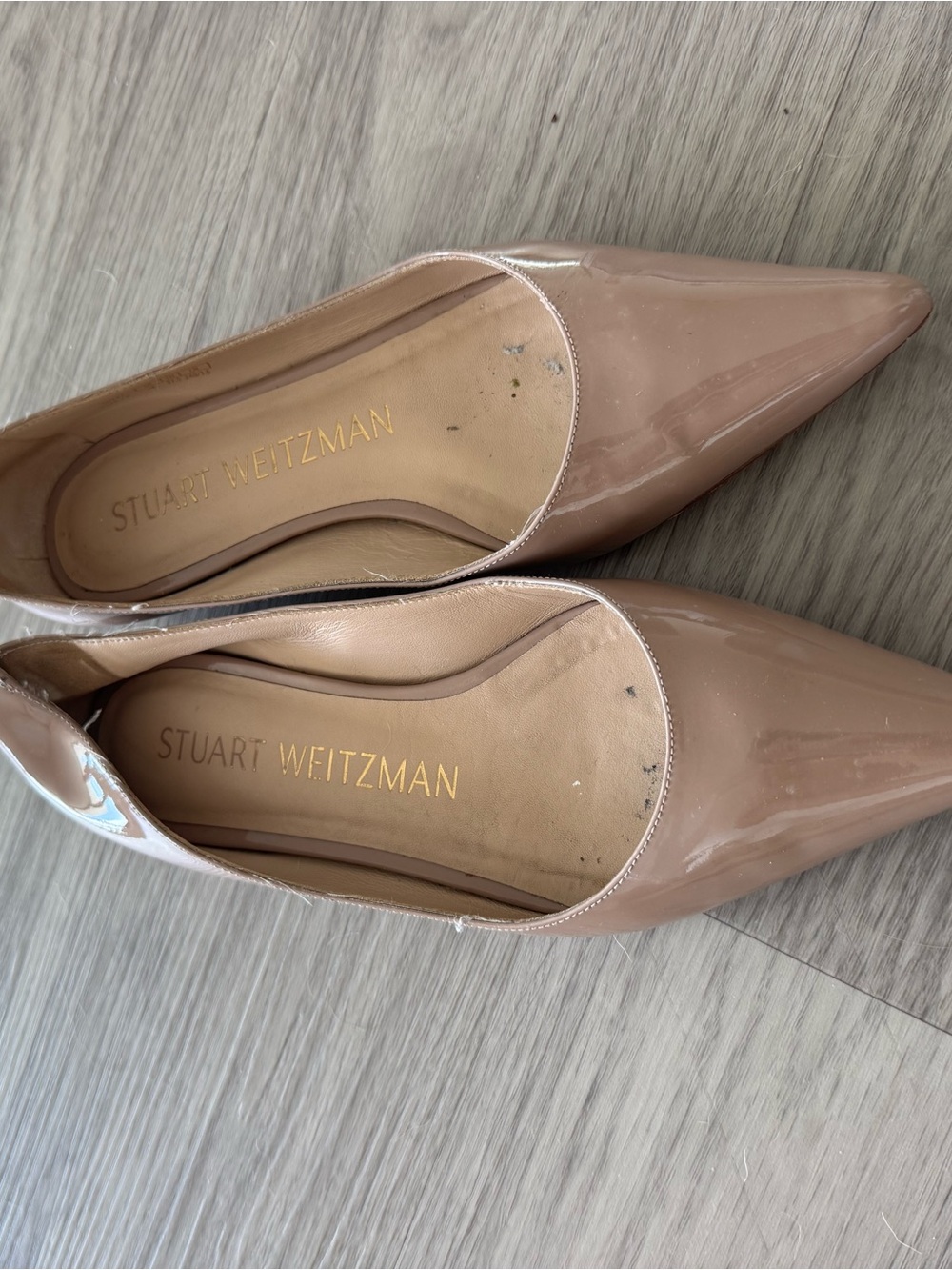 Stuart Weitzman Patent Pointed-Toe Flats in Nude
